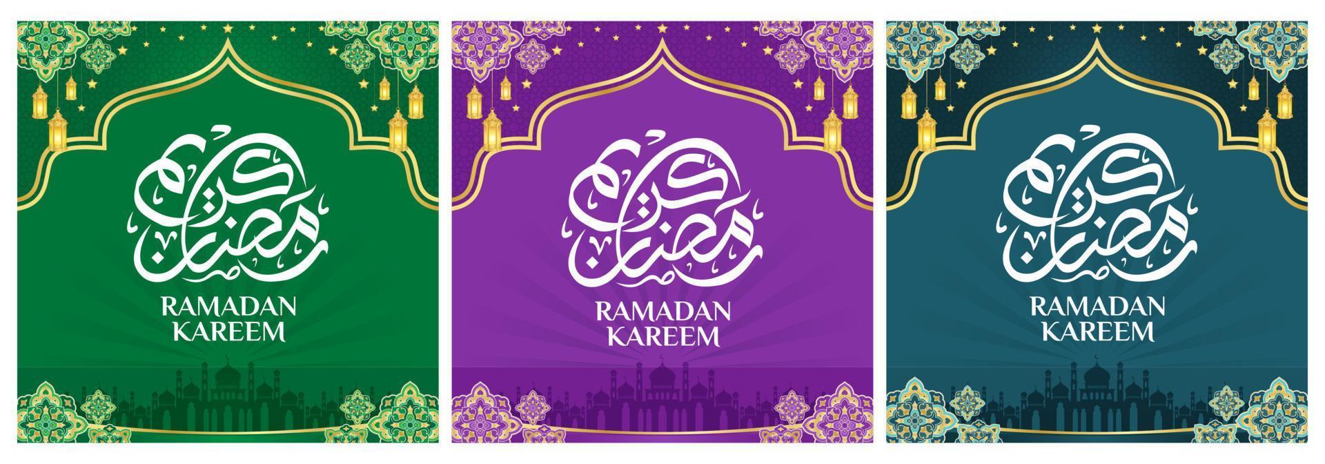 Islamic ornament template for background, banner, poster, cover design, envelope, social media feed. Ramadan Kareem and eid mubarak 2023 concept, blue background, muslim lantern, pattern vector