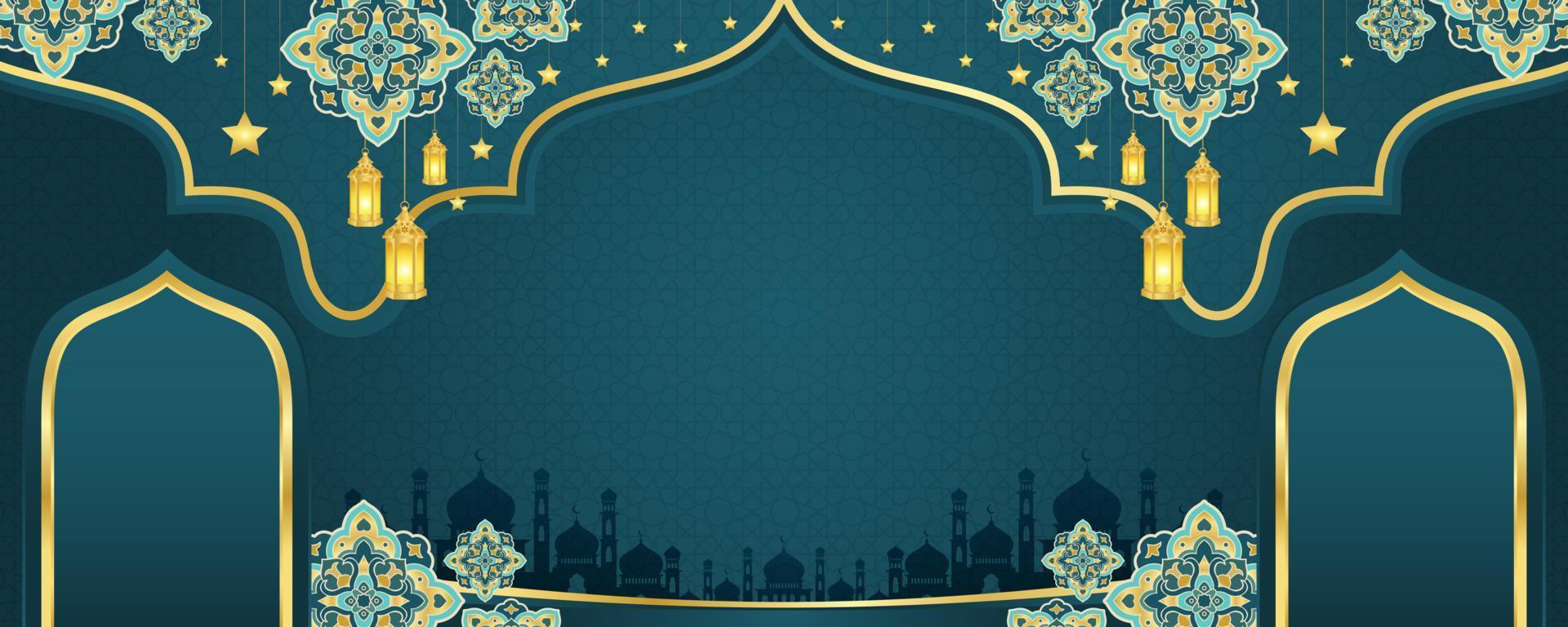 Islamic ornament template for background, banner, poster, cover design, envelope, social media feed. Ramadan Kareem and eid mubarak 2023 greeting concept, blue background, muslim lantern, pattern vector