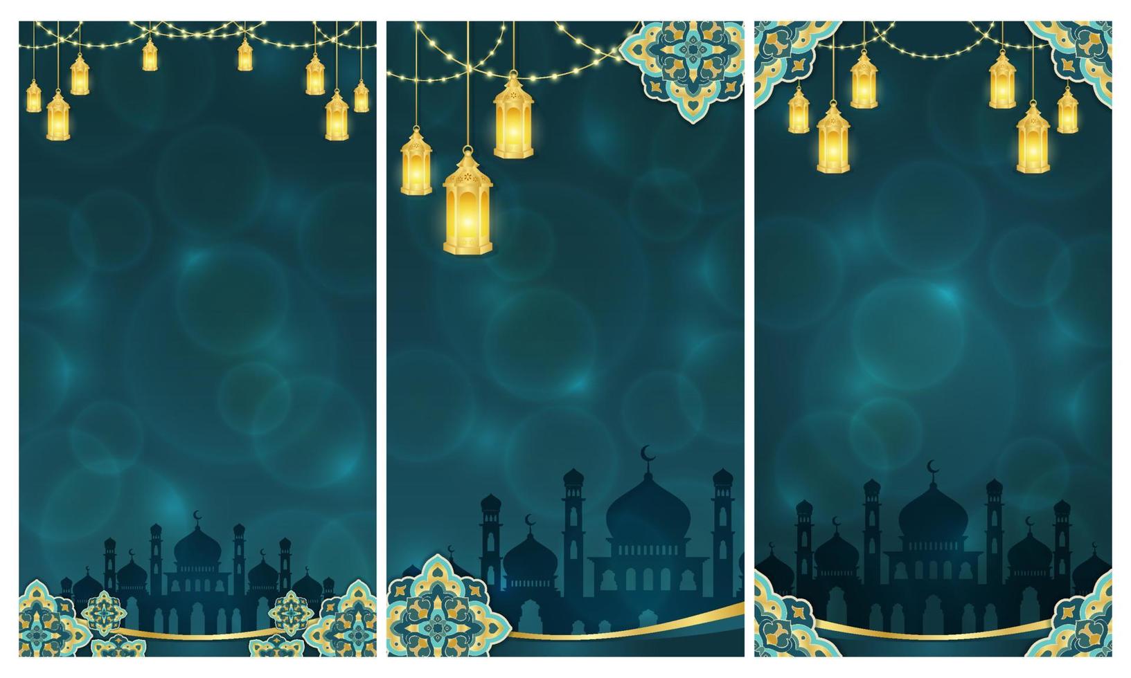 Islamic ornament template for background, banner, poster, cover design, envelope, social media feed. Ramadan Kareem and eid mubarak 2023 greeting concept, blue background, muslim lantern, pattern vector