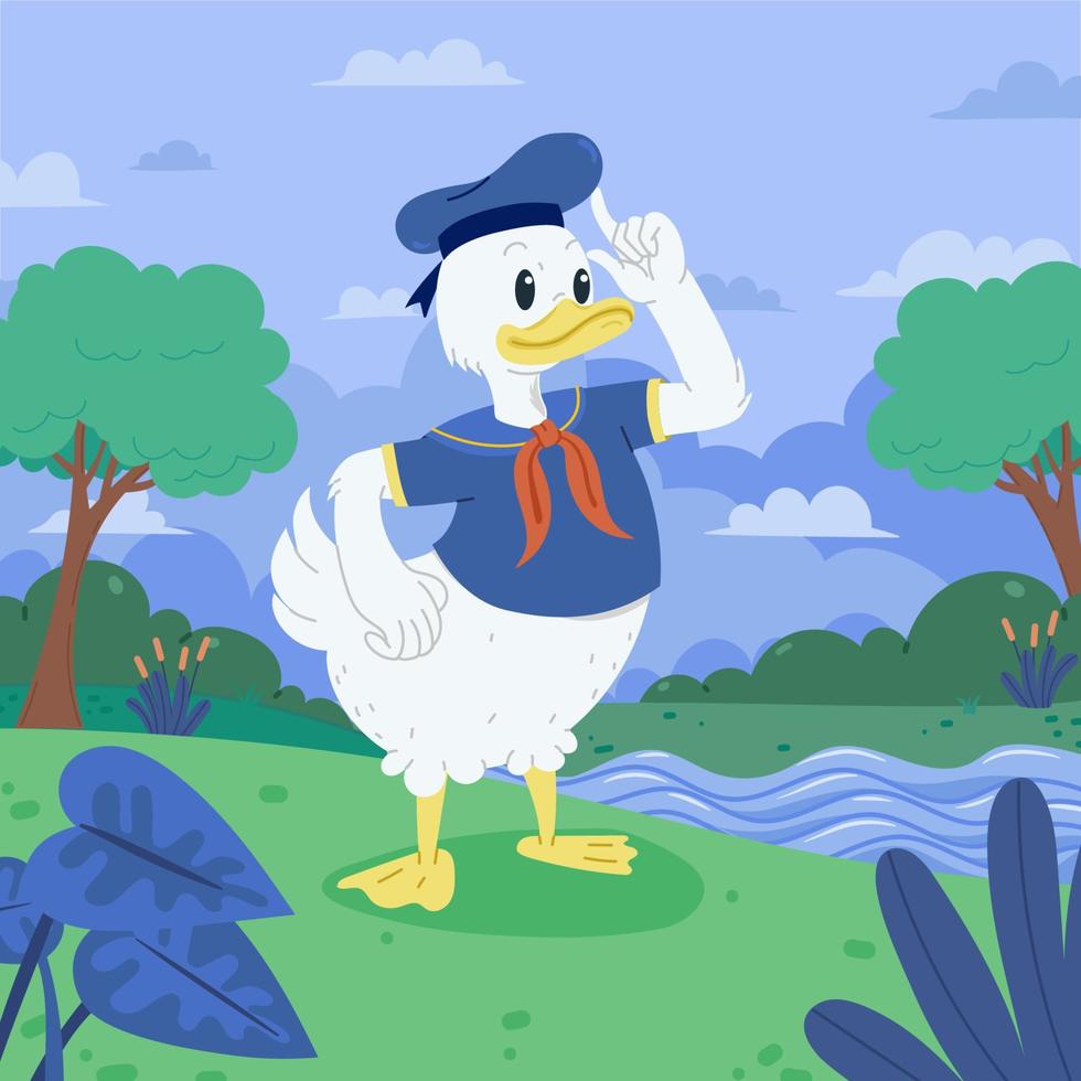 White Duck in Sailor's Costume Walking Down the River vector