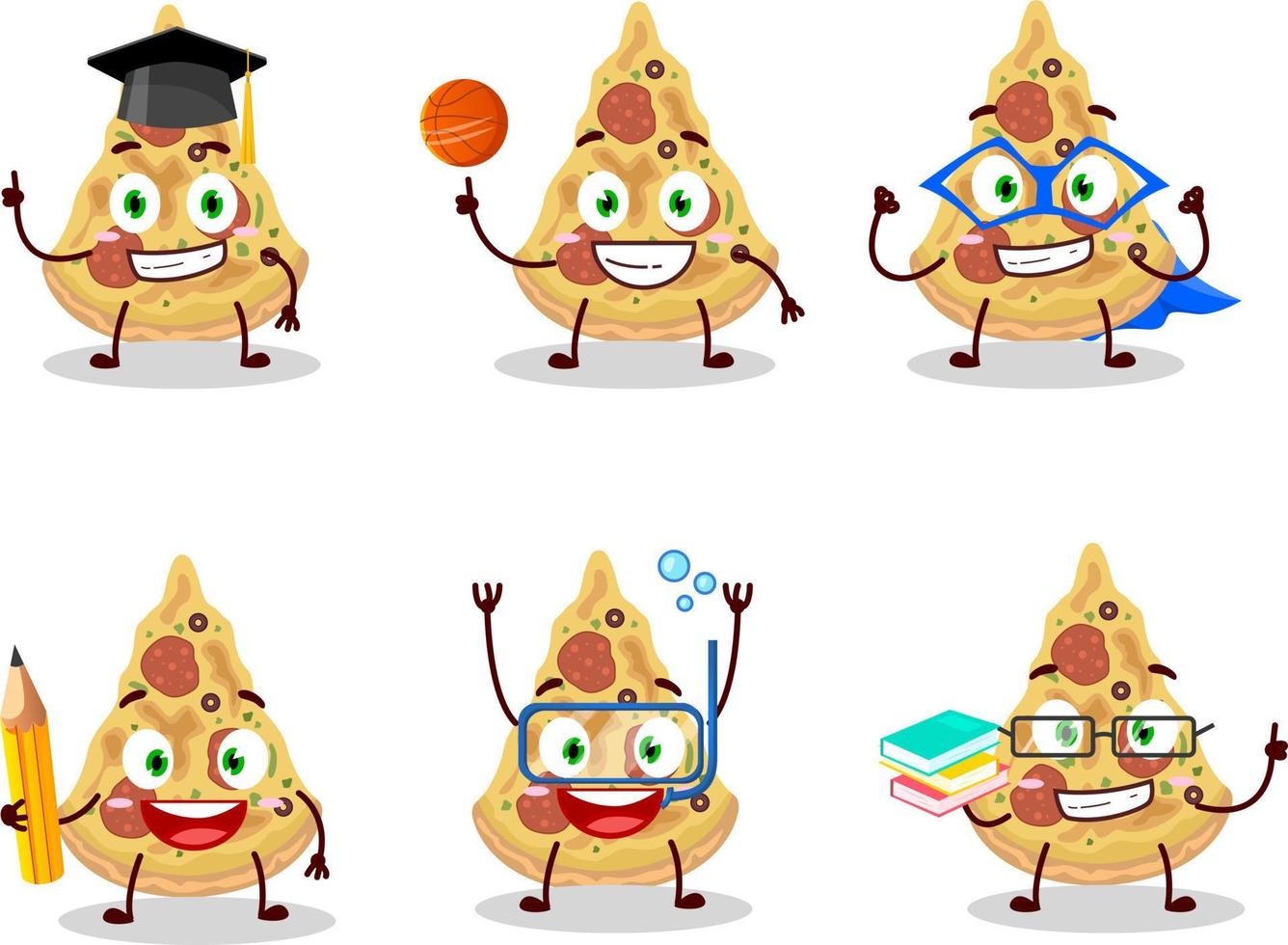 School student of slice of pizza cartoon character with various expressions vector