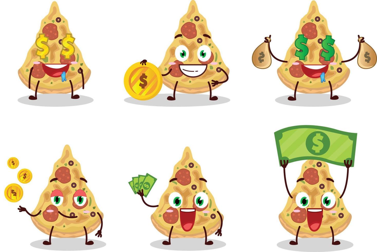 Slice of pizza cartoon character with cute emoticon bring money vector