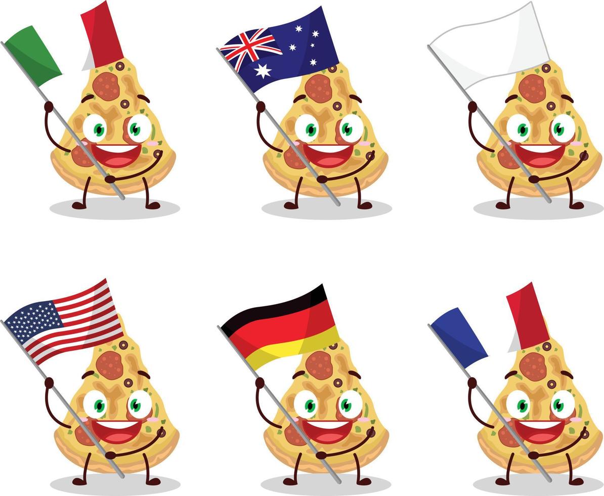 Slice of pizza cartoon character bring the flags of various countries vector