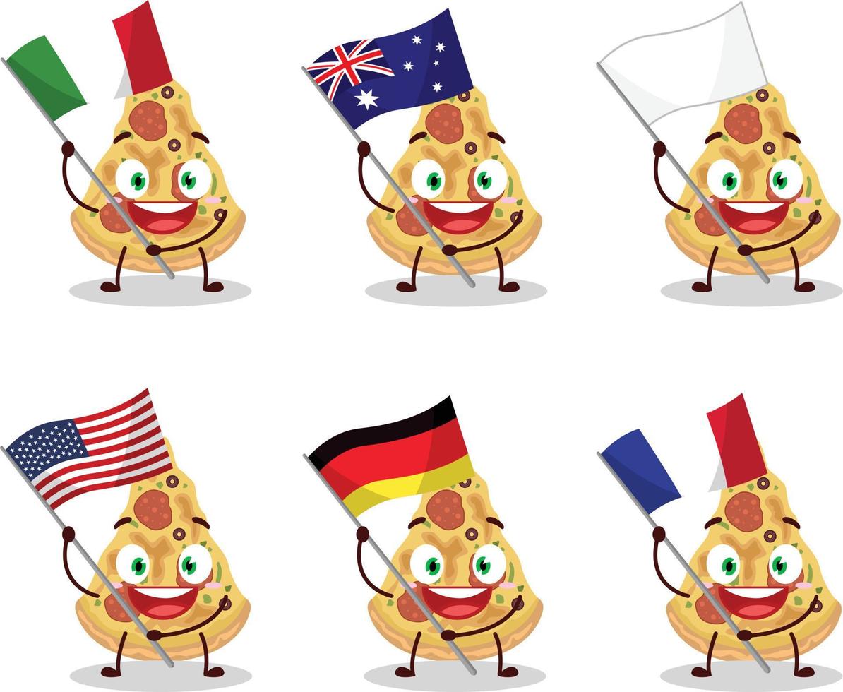 rebanada de Pizza dibujos animados personaje traer el banderas de varios países vector