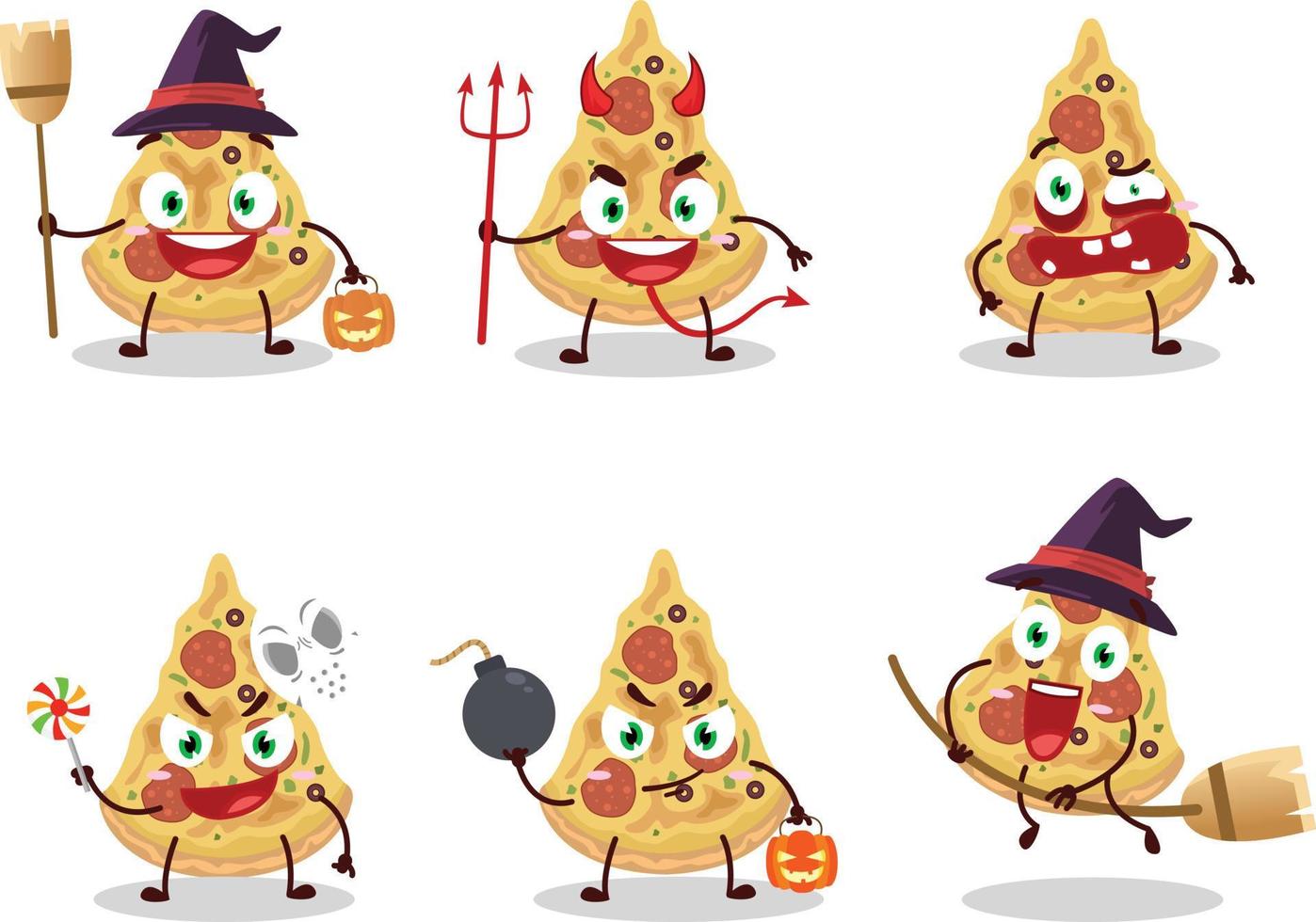 Halloween expression emoticons with cartoon character of slice of pizza vector