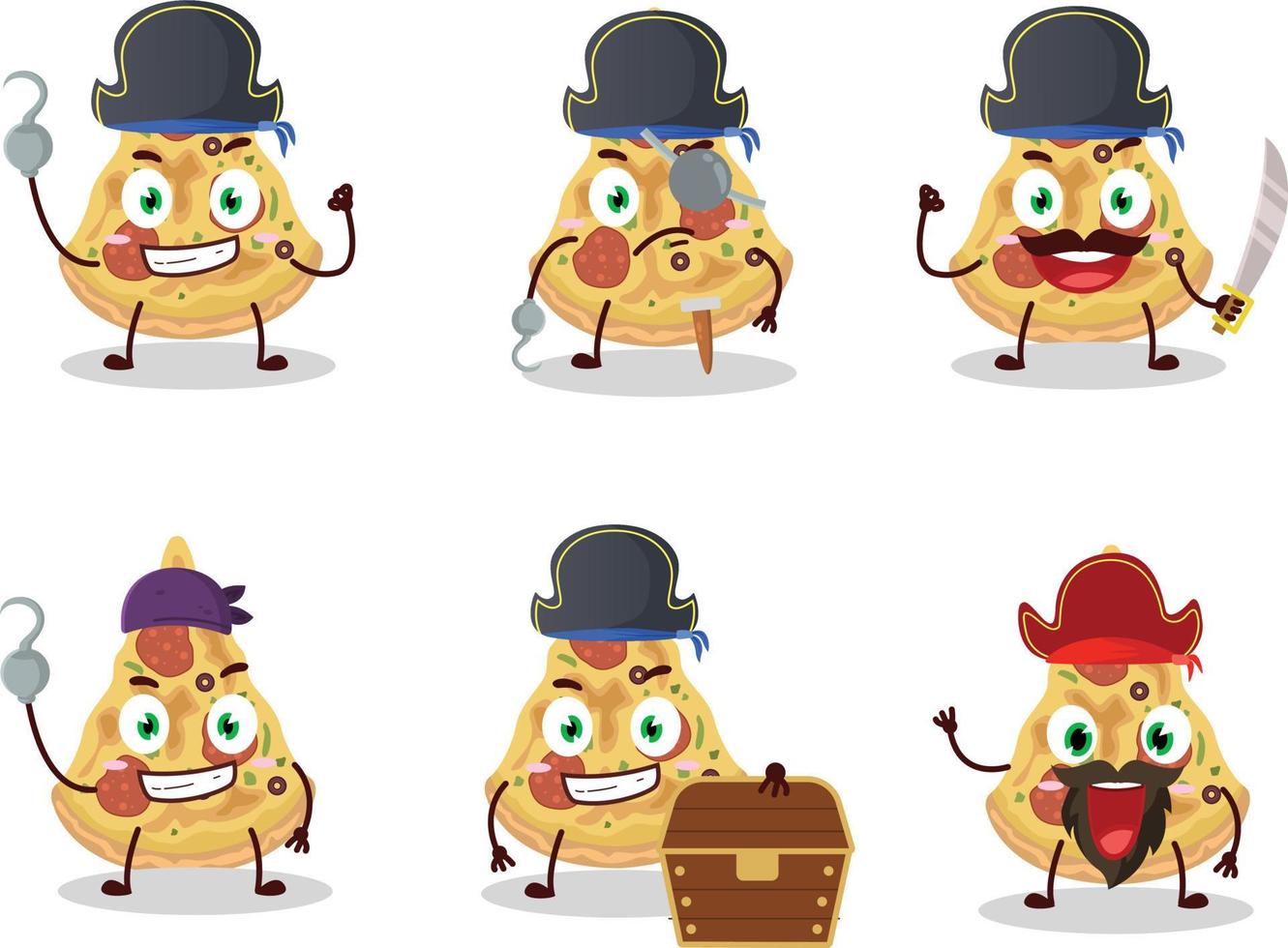 Cartoon character of slice of pizza with various pirates emoticons vector