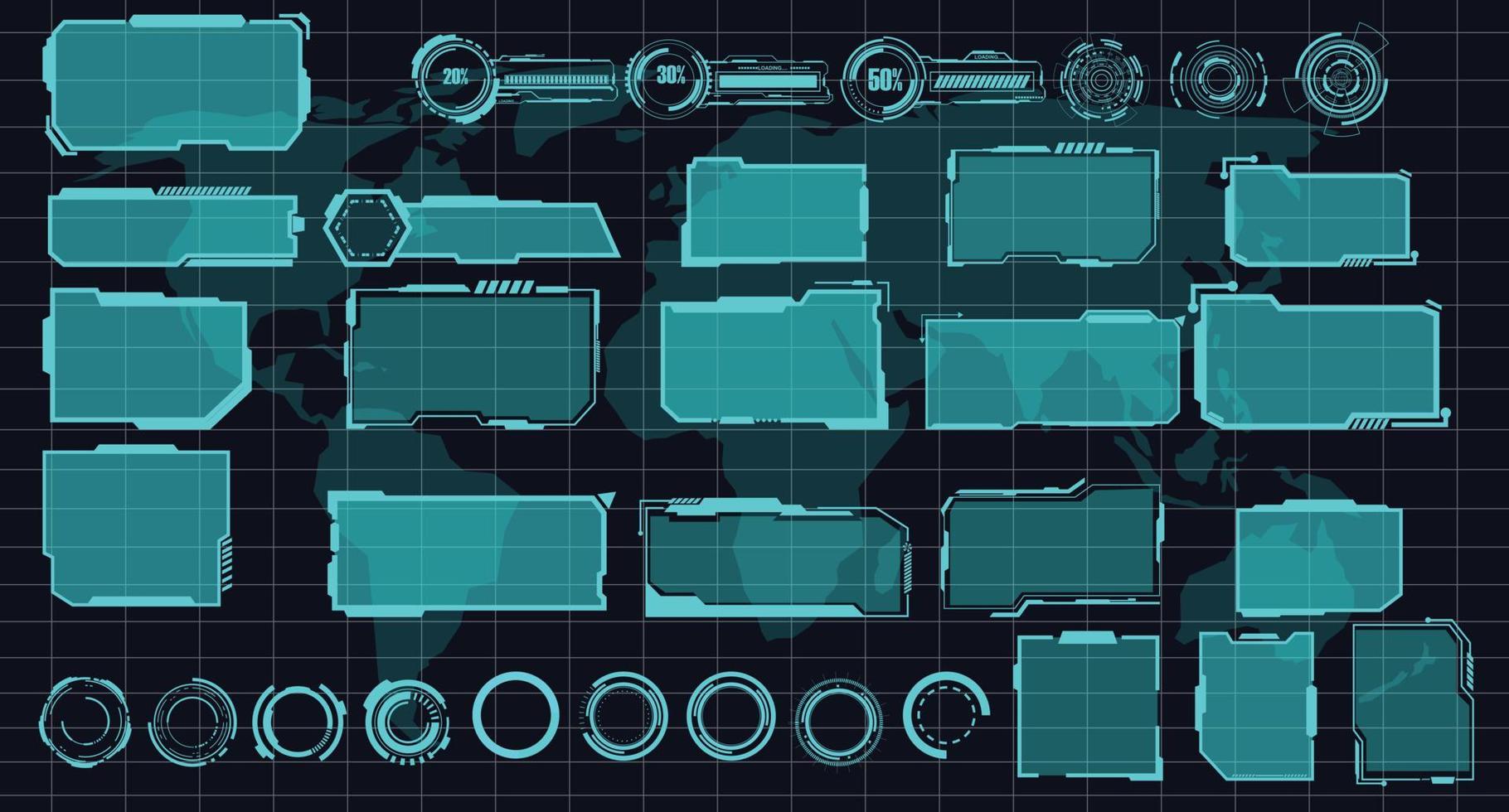 digital interface HUD elements set pack. User Interface, frame screens. Callouts titles, FUI circle set, Loading bars. Dashboard reality technology screen. Vector