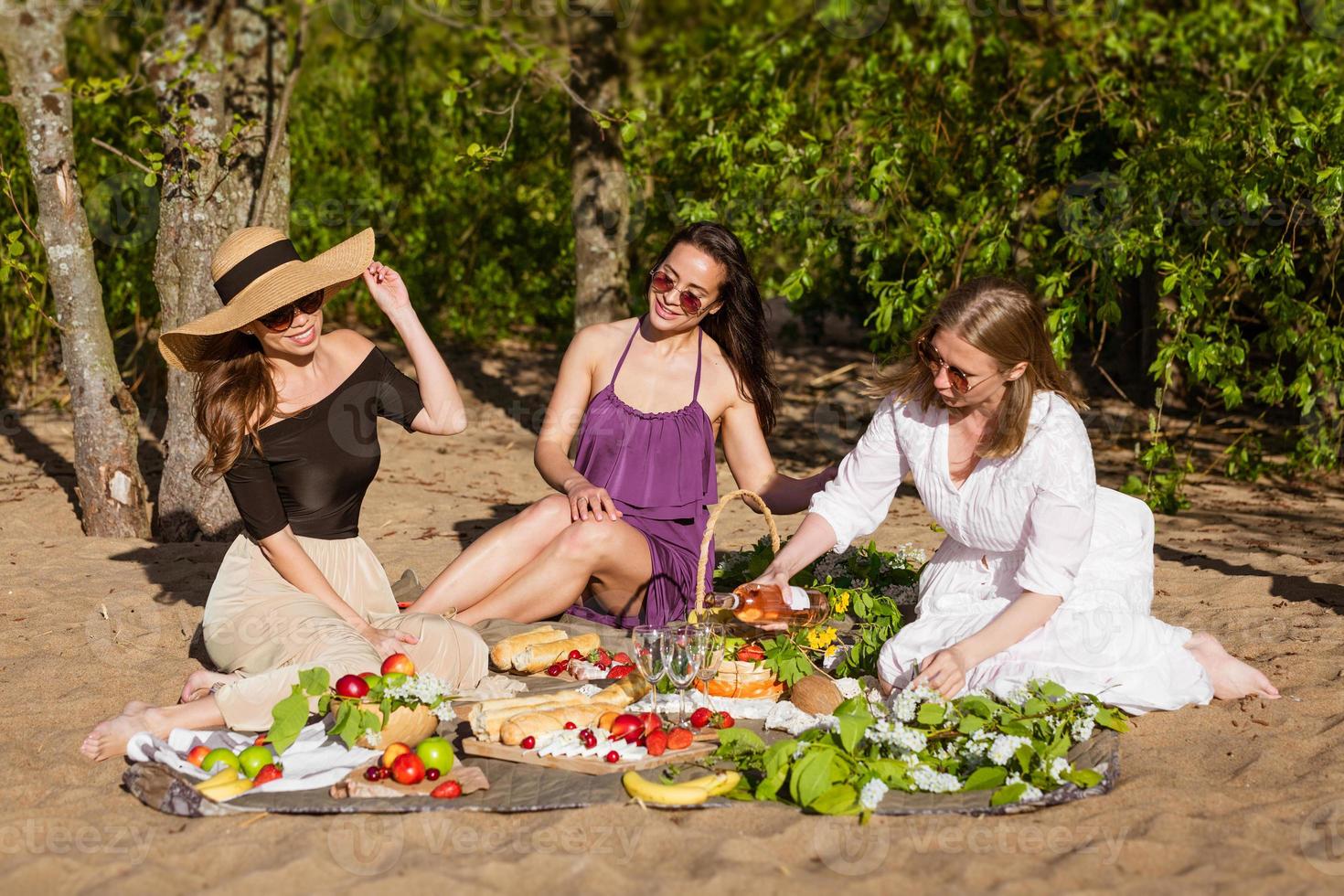 Cheerful women are resting in nature with wine. Beautiful photo