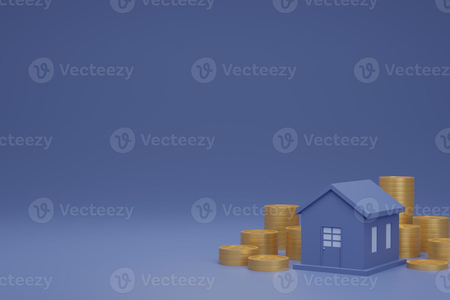 3d render of house and stack of gold coin saving money concept for invest real estate on blue background photo