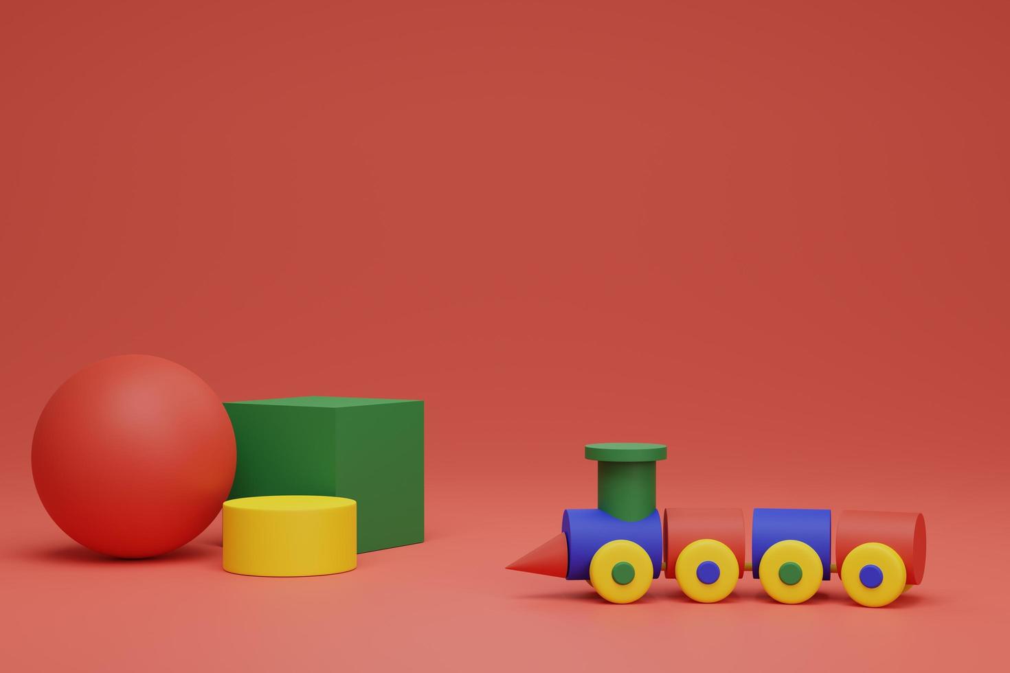 3d render of wooden colorful train toy in red background with copy space photo