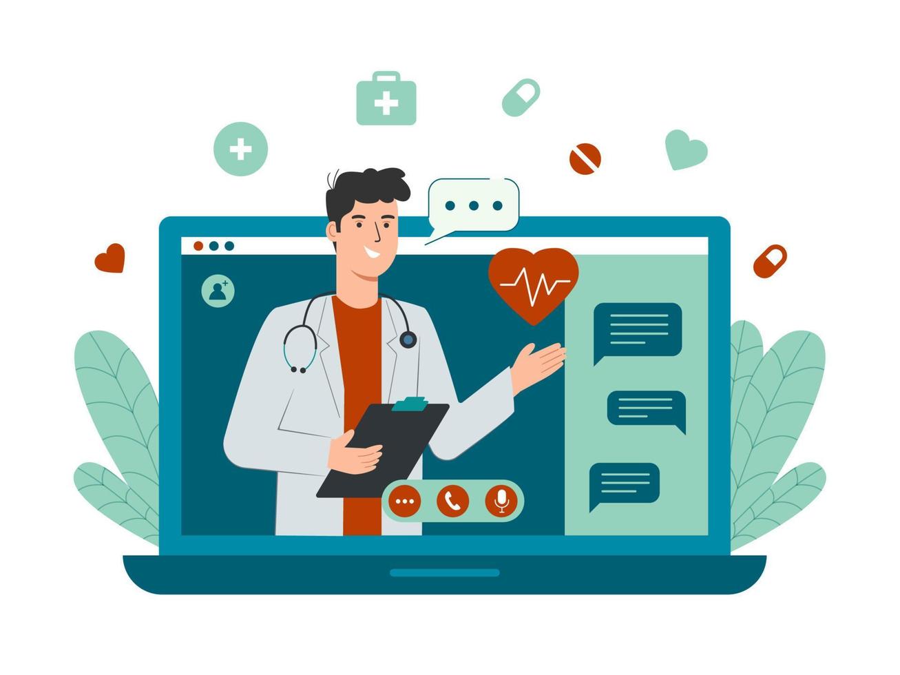 Online doctor concept with male doctor character on laptop screen vector