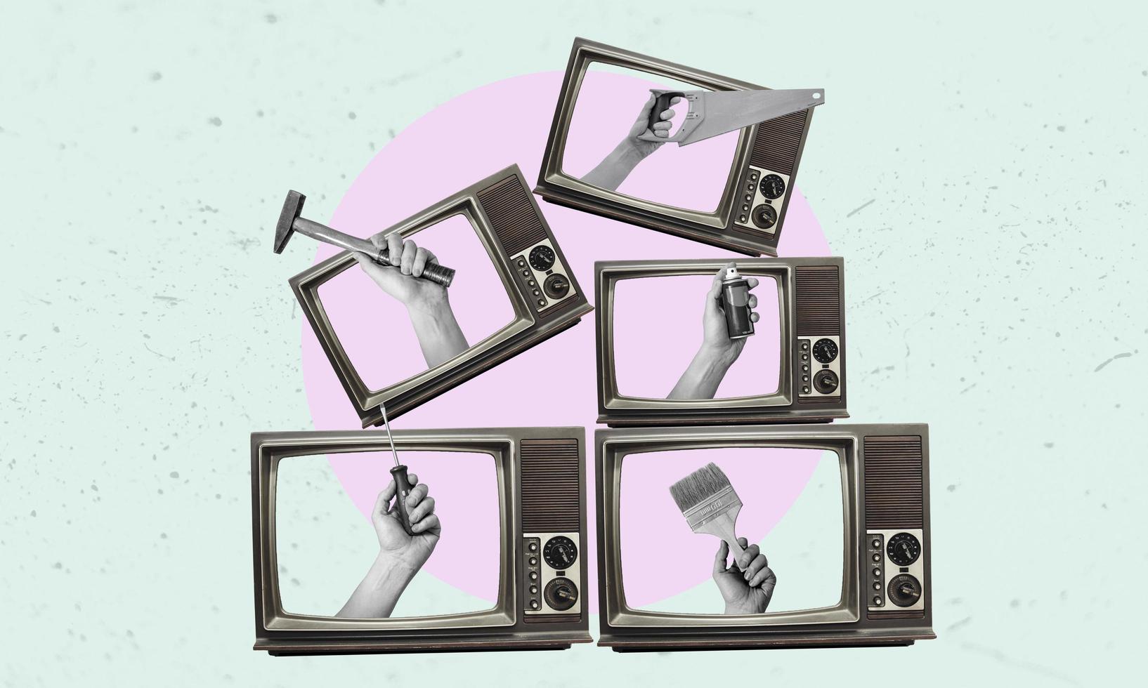 Collage art, lots of retro TVs with a hand and a brush sticking out. photo