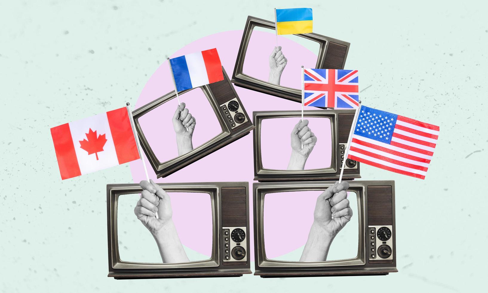 Collage art, lots of retro TVs with the flags of the world sticking out of them. photo