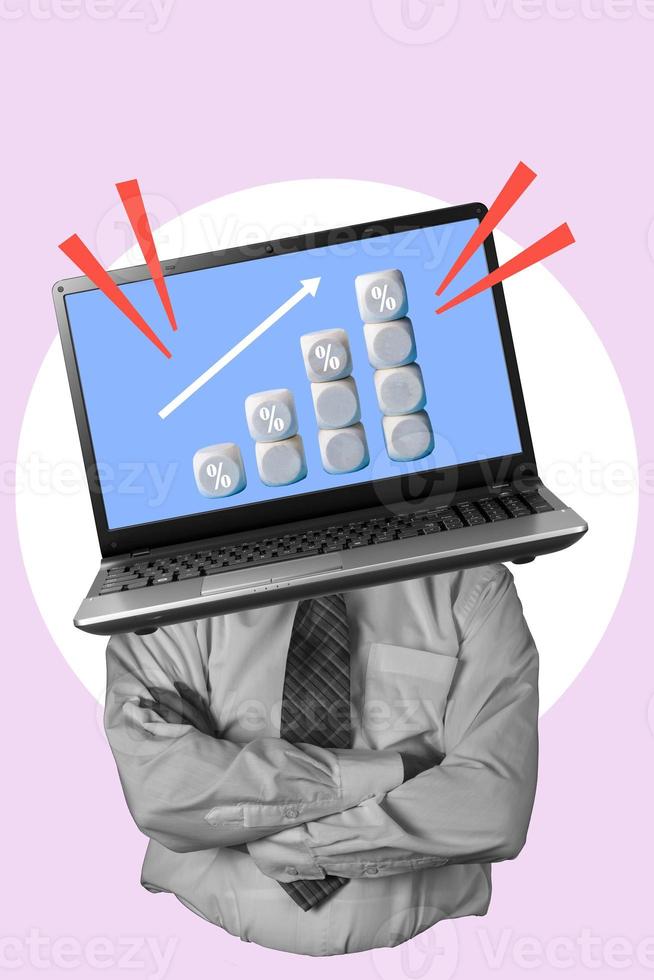 Modern design, collage of modern art. businessman with a laptop instead of his head on a light background. photo