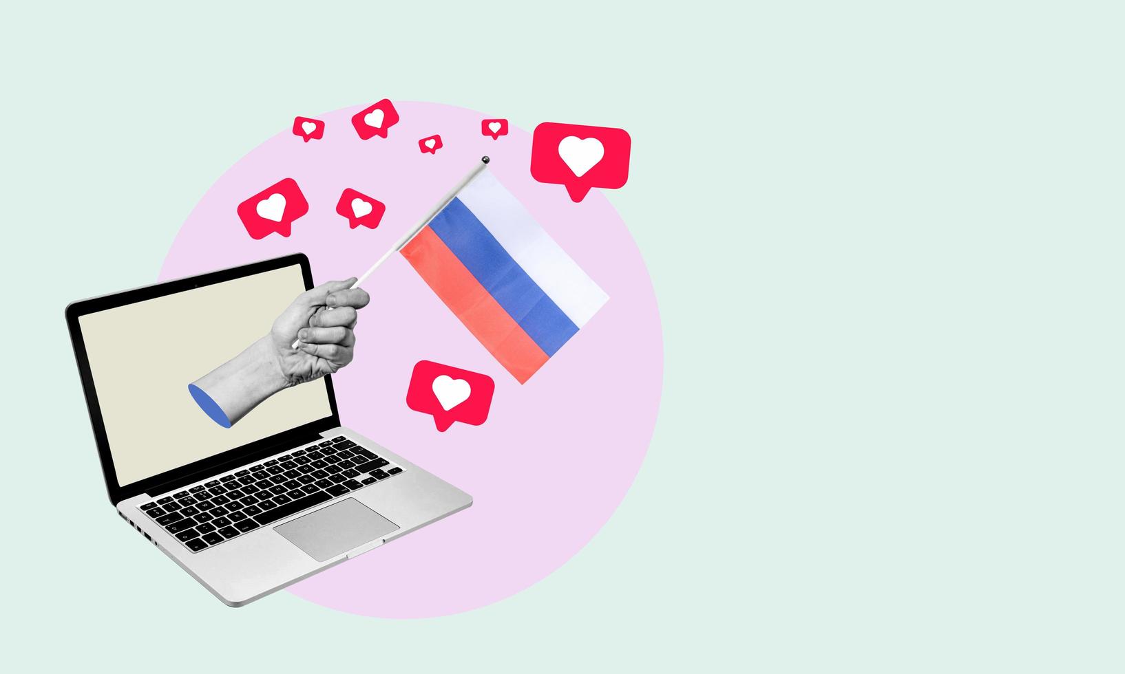 Art collage, the hand with the flag of Russia from a laptop with hearts and barks on a light background. photo