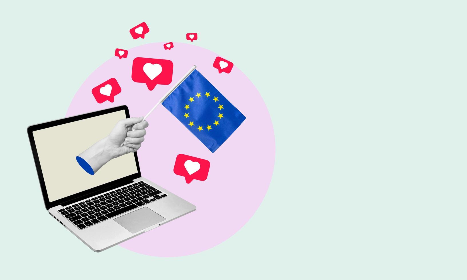 Art collage, the hand with the EU flag from a laptop with hearts and barks on a light background. photo