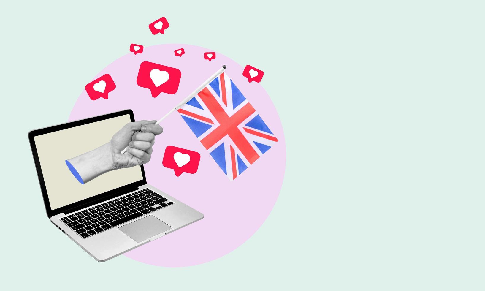 The art collage is a hand with the UK flag from a laptop with hearts and barks on a light background. photo