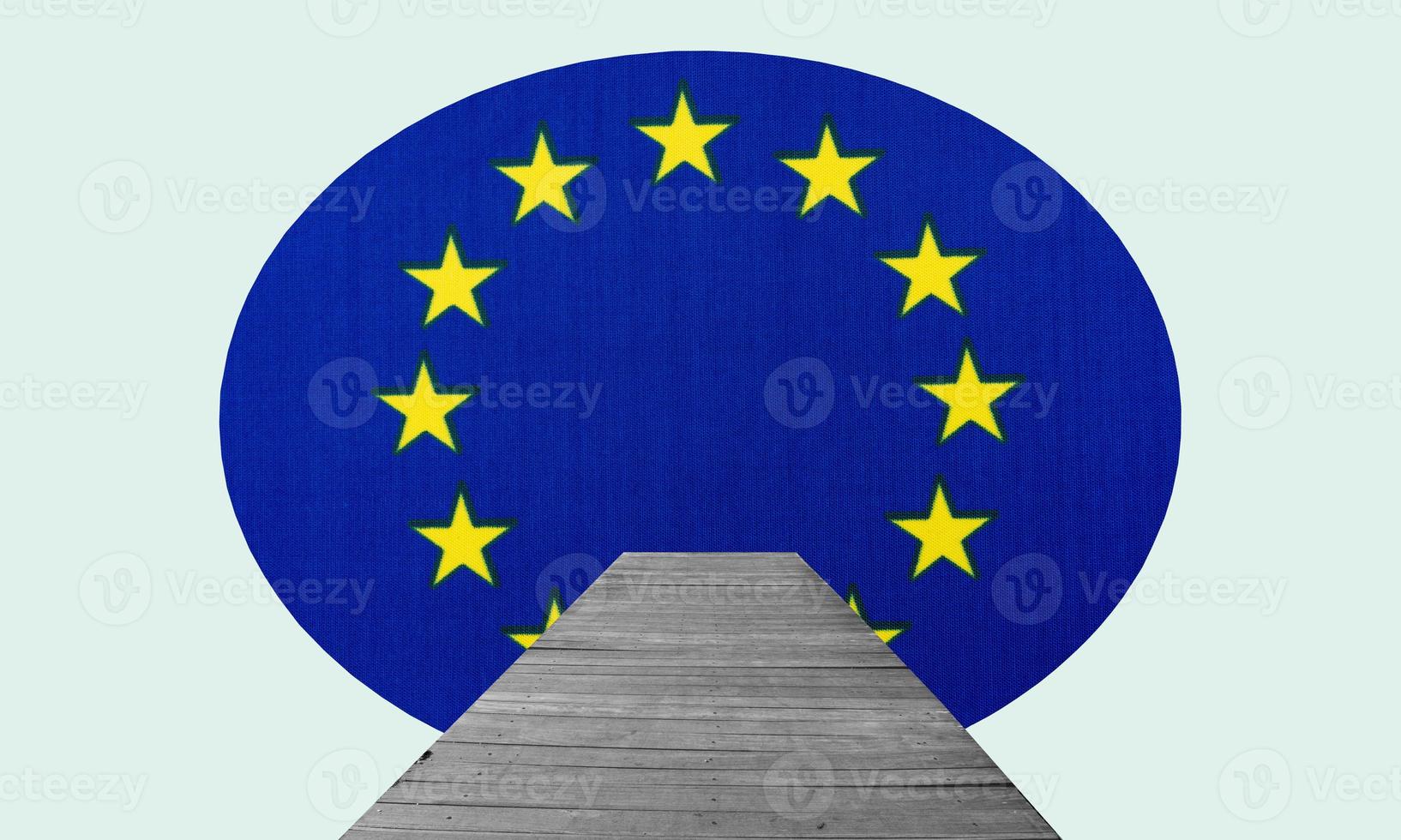 Contemporary art collage, art collage. A wooden bridge leads to the European Union. photo
