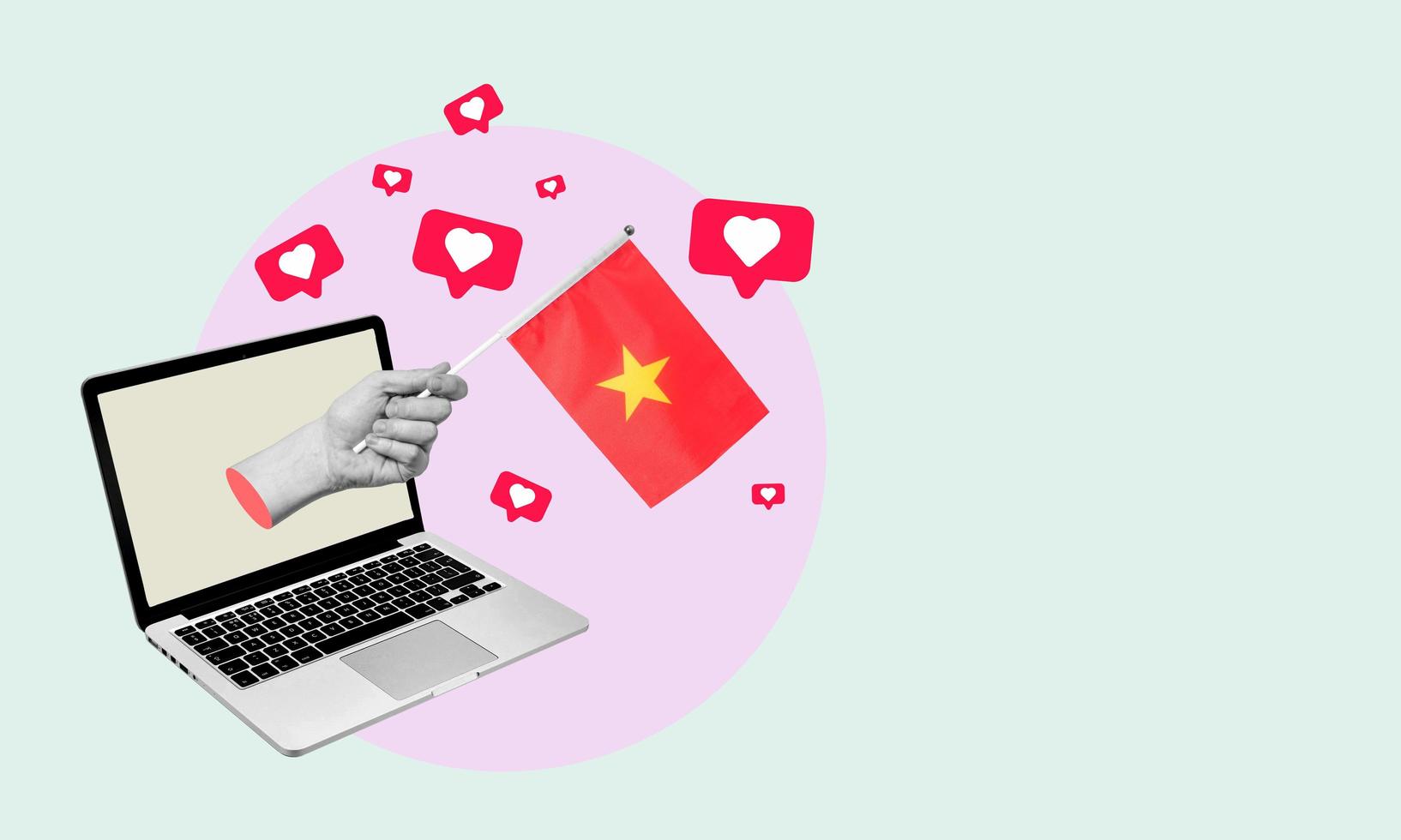 Art collage, the hand with the flag of Vietnam from a laptop with hearts and barks on a light background. photo