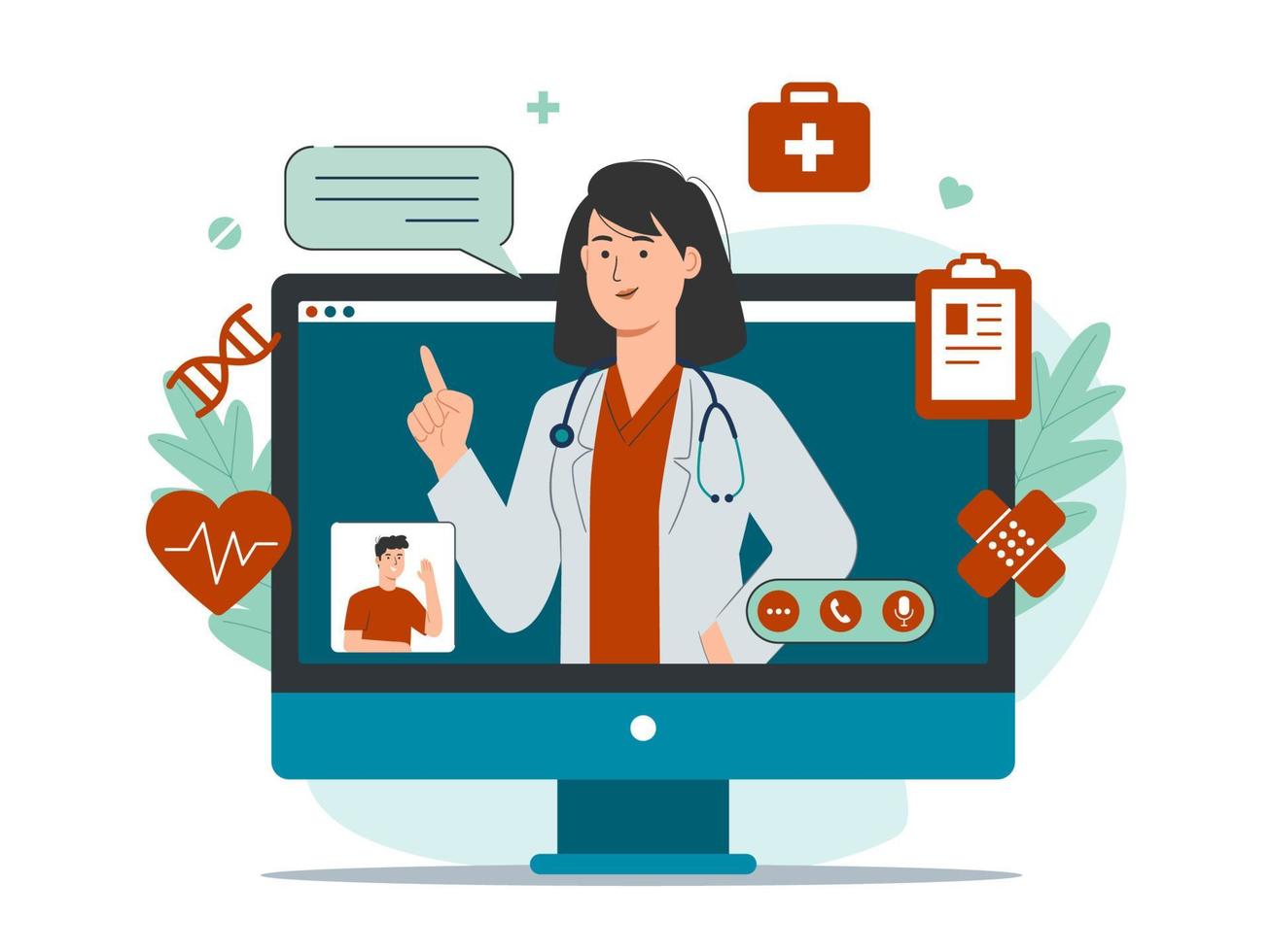 Online medical advice or consultation service with patient and female doctor on computer screen vector