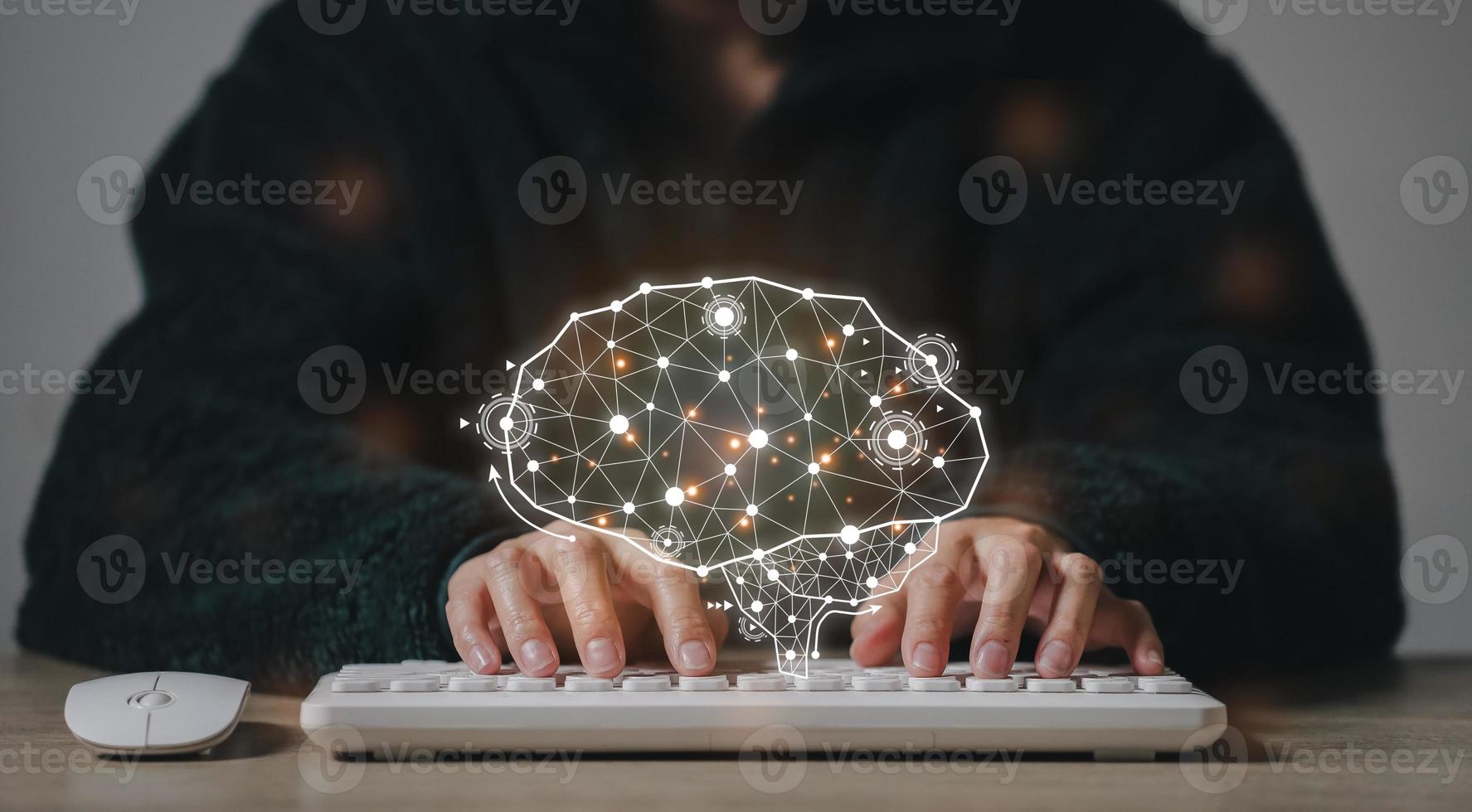 Artificial Intelligence. man using technology smart robot AI, artificial intelligence by enter command prompt for generates something, Futuristic technology transformation. photo