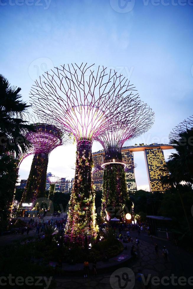 singapur 10 de junio de 2022. iluminación en jardines junto a la bahía por la noche foto