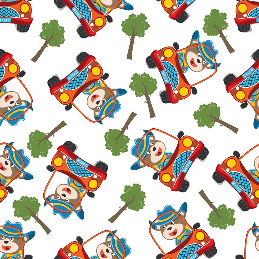 Seamless pattern of cute little animal driving a car go to forest funny animal cartoon,vector illustration. Vector illustration. T-Shirt Design for children. Design elements for kids.