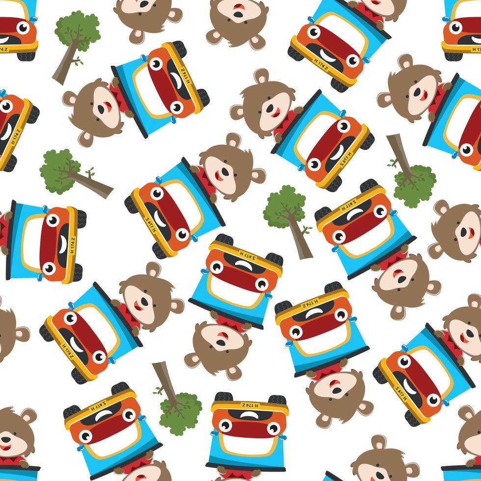 Seamless pattern of cute little animal driving a car go to forest funny animal cartoon,vector illustration. Vector illustration. T-Shirt Design for children. Design elements for kids.