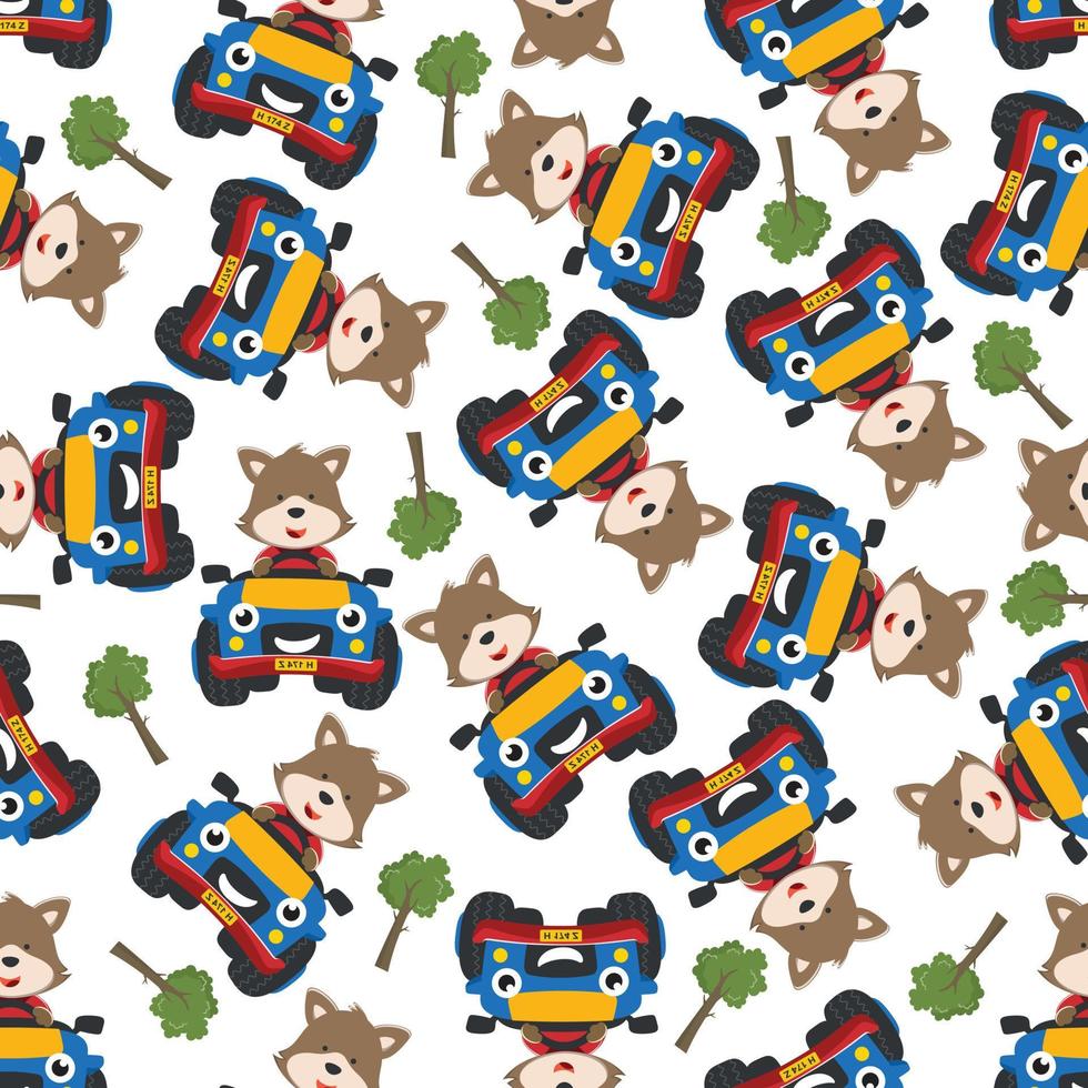 Seamless pattern of cute little animal driving a car go to forest funny animal cartoon,vector illustration. Vector illustration. T-Shirt Design for children. Design elements for kids.