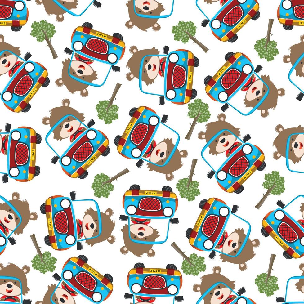 Seamless pattern of cute little animal driving a car go to forest funny animal cartoon,vector illustration. Vector illustration. T-Shirt Design for children. Design elements for kids.