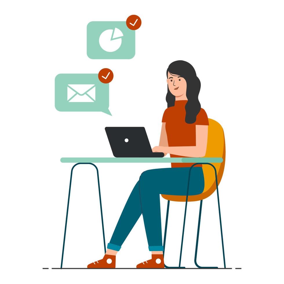 Woman in casual clothes sitting at desk and working on laptop vector