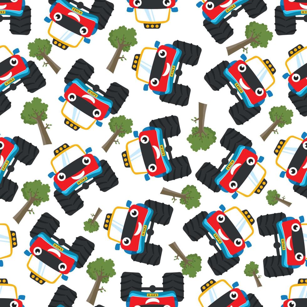Seamless pattern vector of cute monster truck. Creative vector childish background for fabric textile, nursery background, baby clothes, poster, wrapping paper and other decoration.
