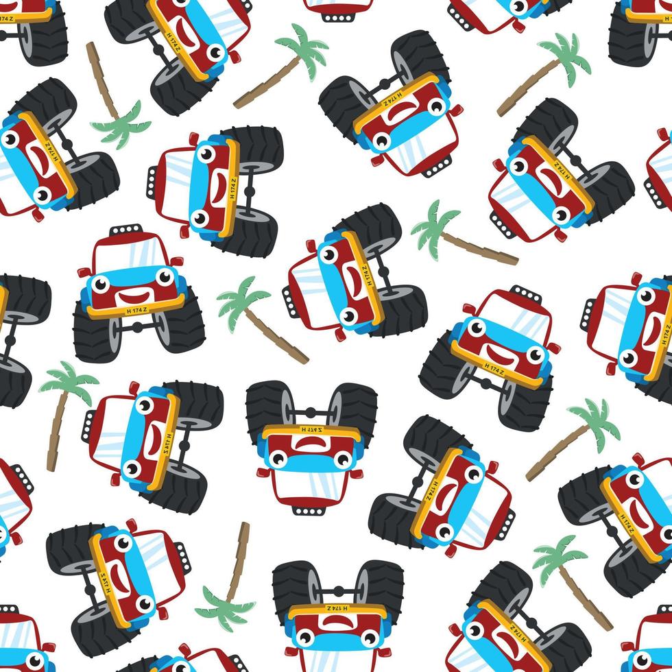 Seamless pattern vector of cute monster truck. Creative vector childish background for fabric textile, nursery background, baby clothes, poster, wrapping paper and other decoration.