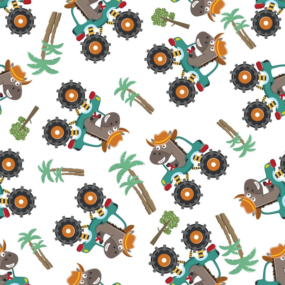 Seamless pattern vector of monster truck with animal driver. Creative vector childish background for fabric textile, nursery background, baby clothes, poster, wrapping paper and other decoration.