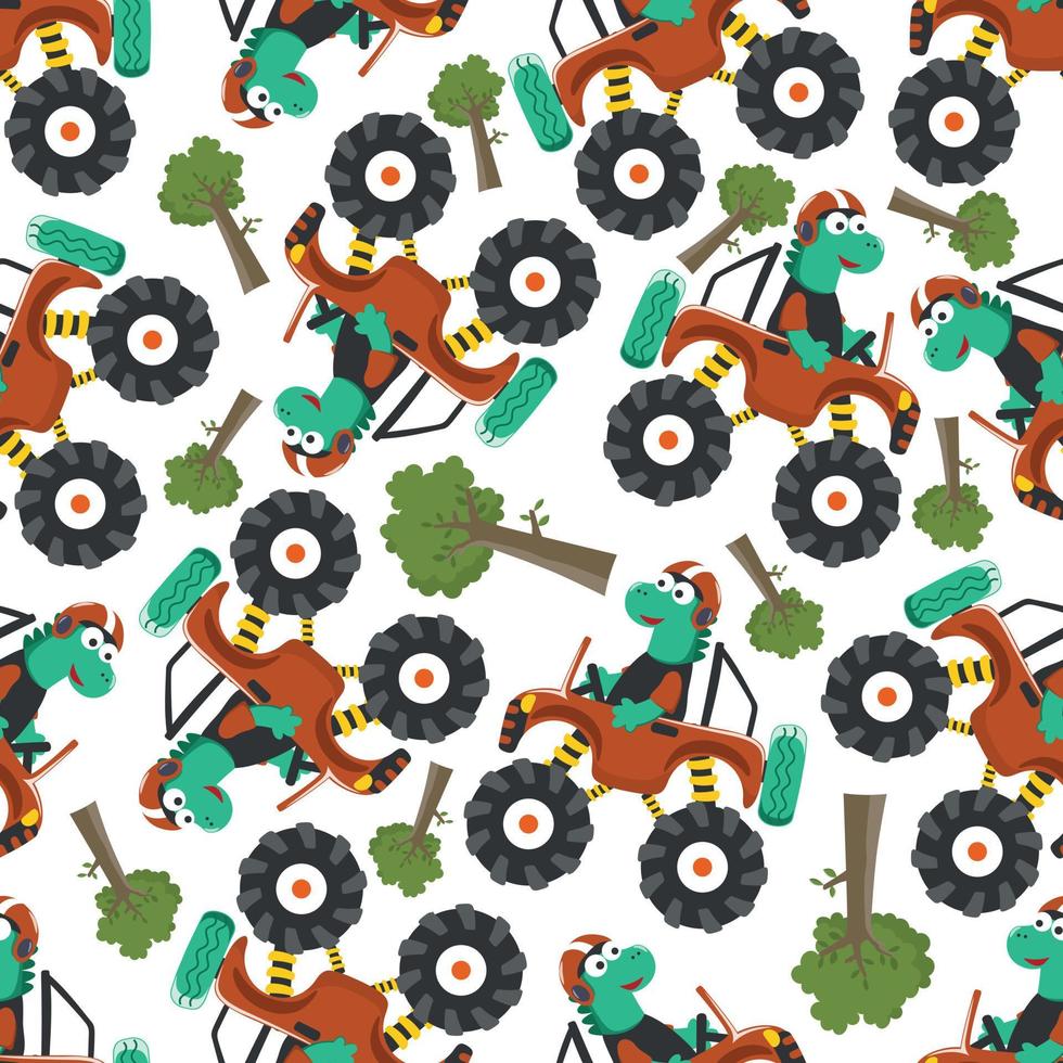 Seamless pattern vector of monster truck with animal driver. Creative vector childish background for fabric textile, nursery background, baby clothes, poster, wrapping paper and other decoration.
