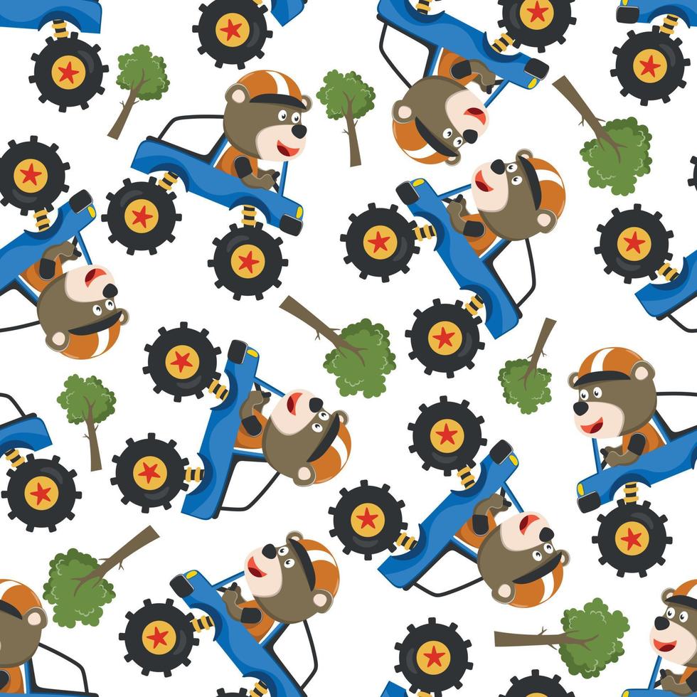 Seamless pattern vector of monster truck with animal driver. Creative vector childish background for fabric textile, nursery background, baby clothes, poster, wrapping paper and other decoration.