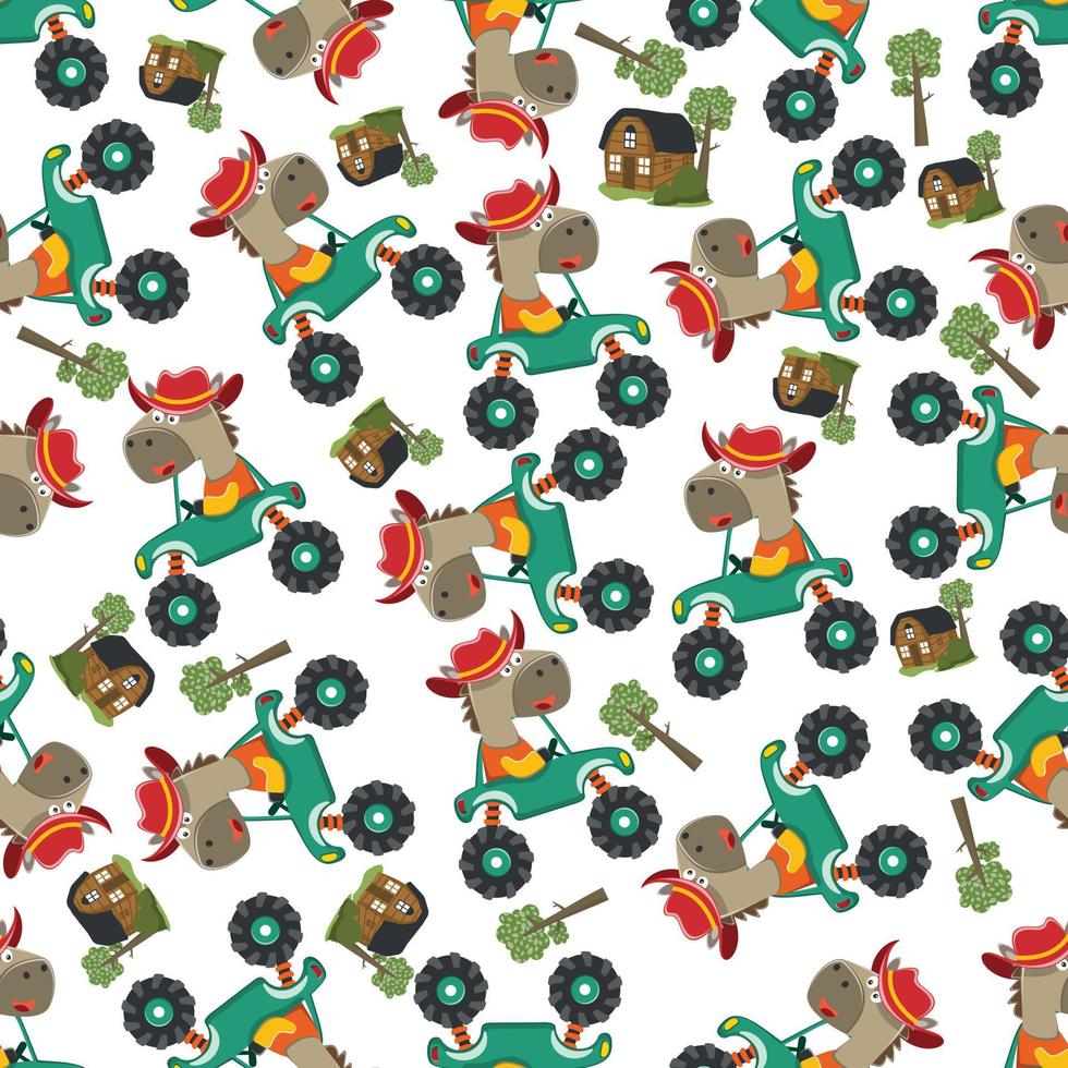 Seamless pattern vector of monster truck with animal driver. Creative vector childish background for fabric textile, nursery background, baby clothes, poster, wrapping paper and other decoration.