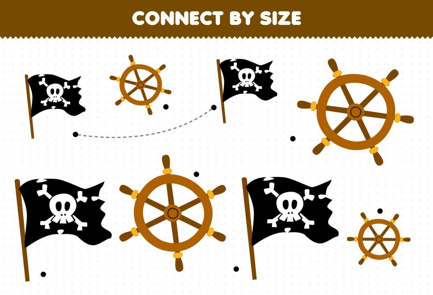 Educational game for kids connect by the size of cute cartoon flag and wheel printable pirate worksheet vector