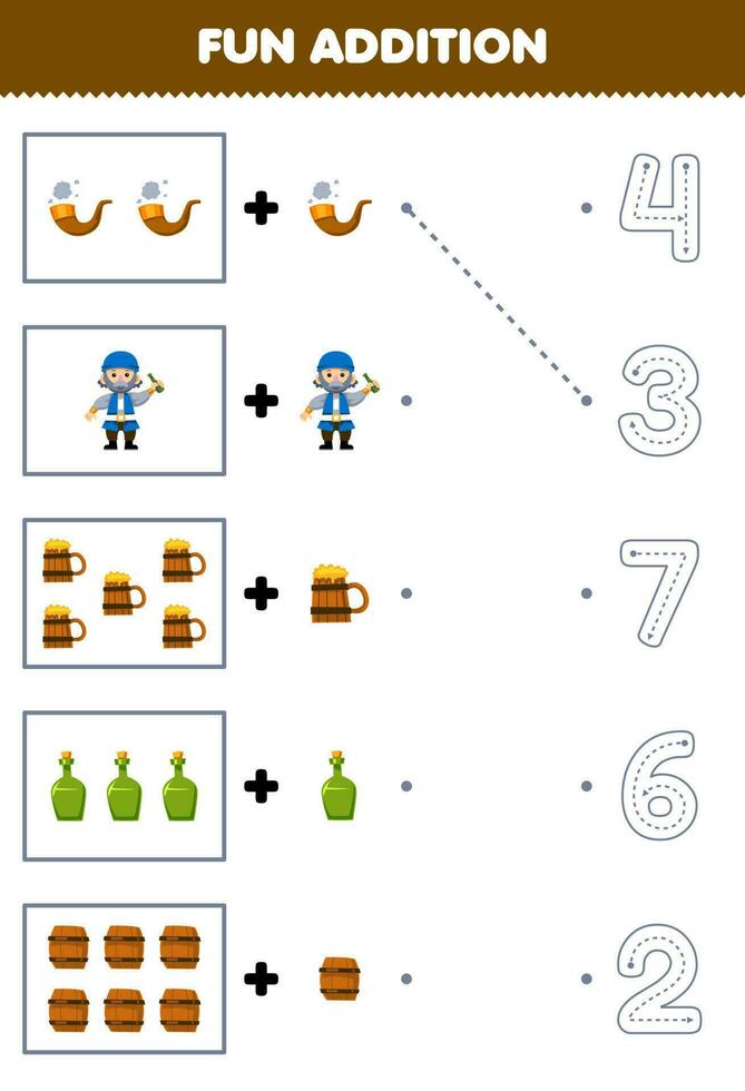 Education game for children fun counting and add one more cartoon pipe old man mug bottle barrel then choose the correct number pirate worksheet vector