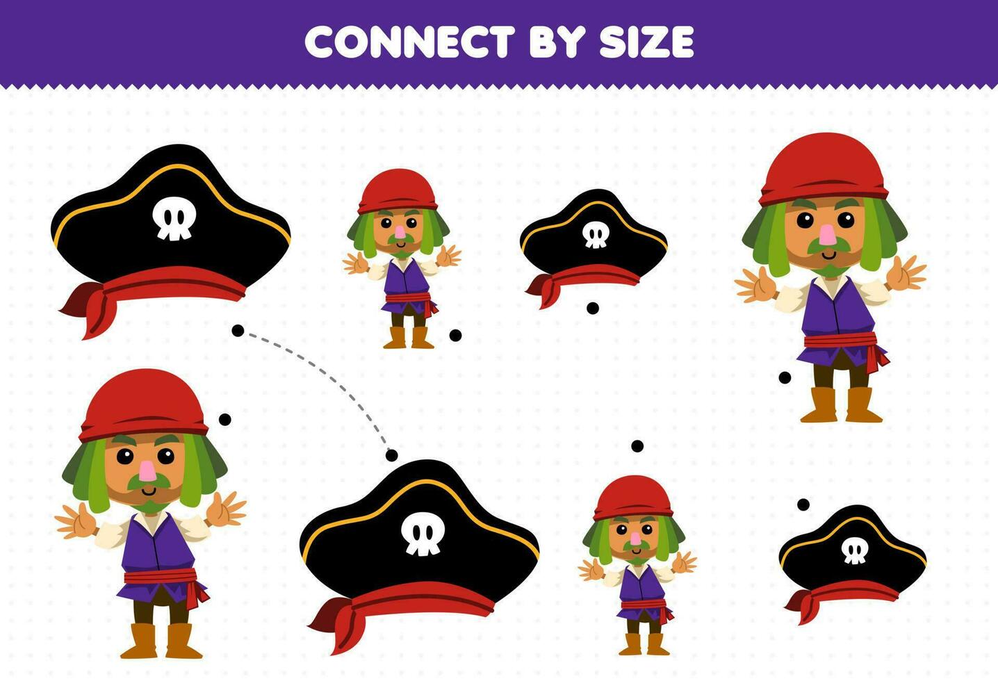 educativo juego para niños conectar por el Talla de linda dibujos animados hombre y sombrero imprimible pirata hoja de cálculo vector