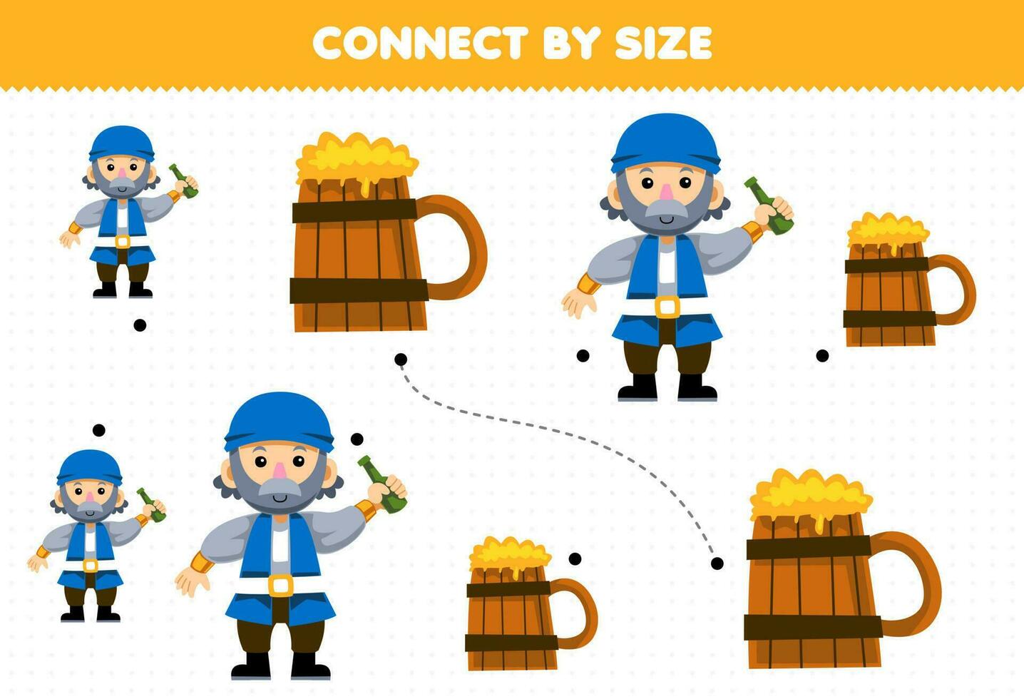 Educational game for kids connect by the size of cute cartoon old man and mug printable pirate worksheet vector
