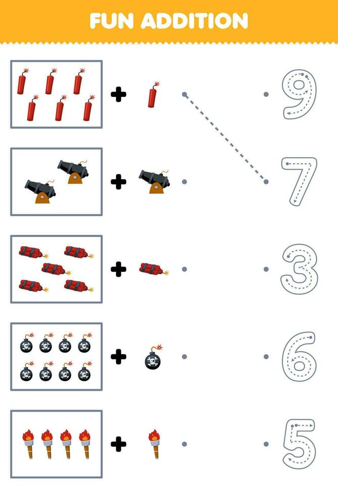 educación juego para niños divertido contando y añadir uno más dibujos animados dinamitar cañón bomba antorcha luego escoger el correcto número pirata hoja de cálculo vector