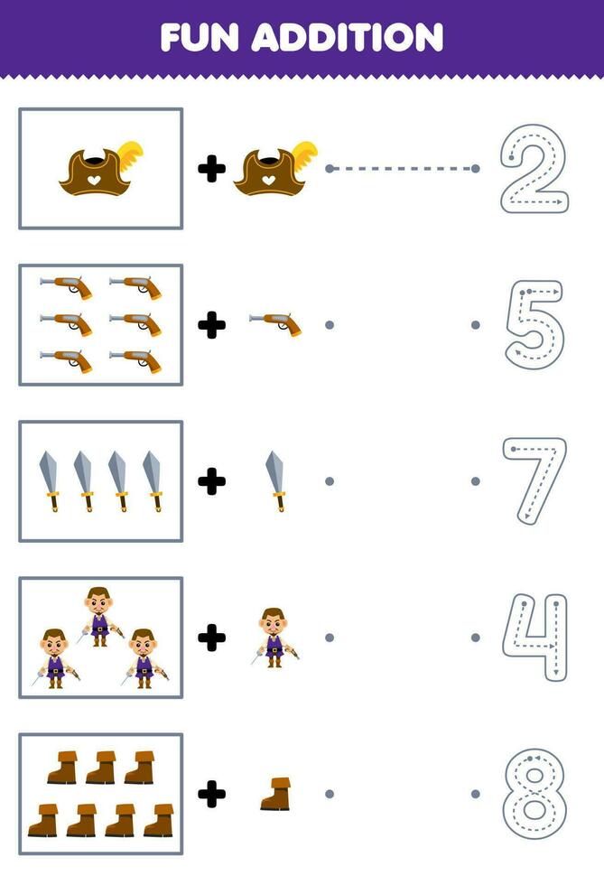 Education game for children fun counting and add one more cartoon hat gun sword man boot then choose the correct number pirate worksheet vector