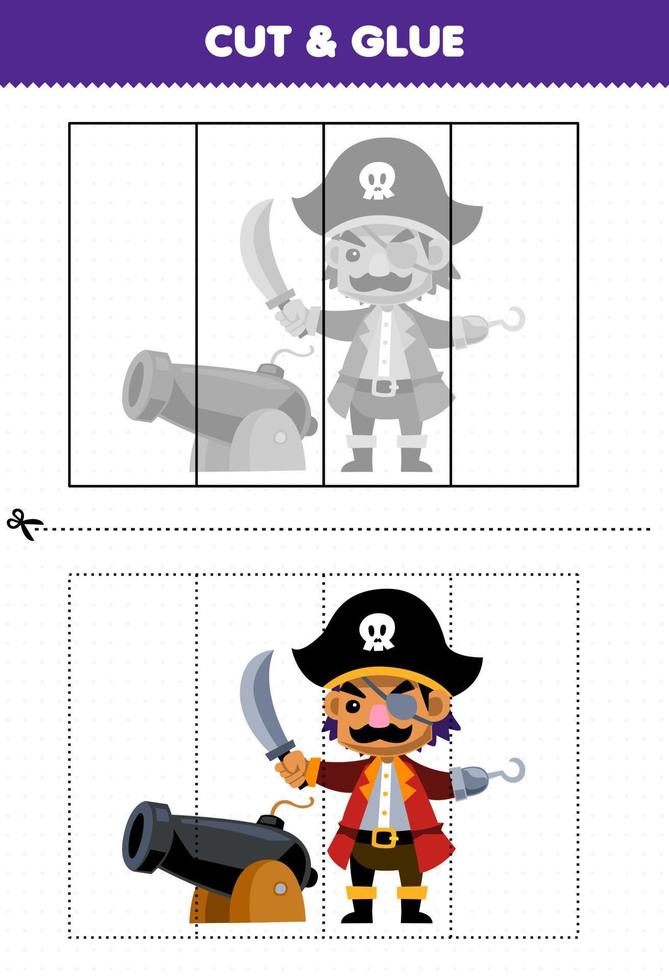 educación juego para niños cortar y pegamento con linda dibujos animados capitán y cañón imprimible pirata hoja de cálculo vector