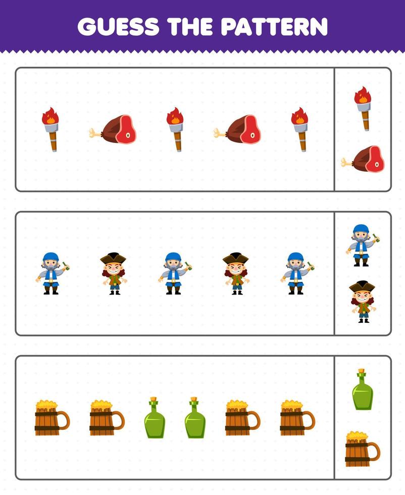 educación juego para niños adivinar el modelo cada fila desde linda dibujos animados carne antorcha antiguo hombre chico botella y jarra imprimible pirata hoja de cálculo vector