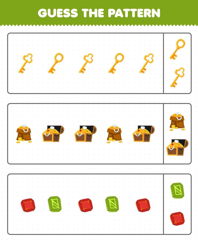 Education game for children guess the pattern each row from cute cartoon key treasure chest gem printable pirate worksheet vector