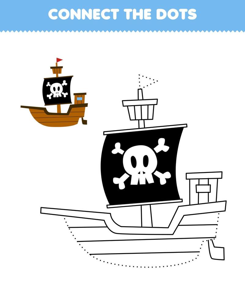 educación juego para niños conectar el puntos y colorante práctica con linda dibujos animados Embarcacion imprimible pirata hoja de cálculo vector