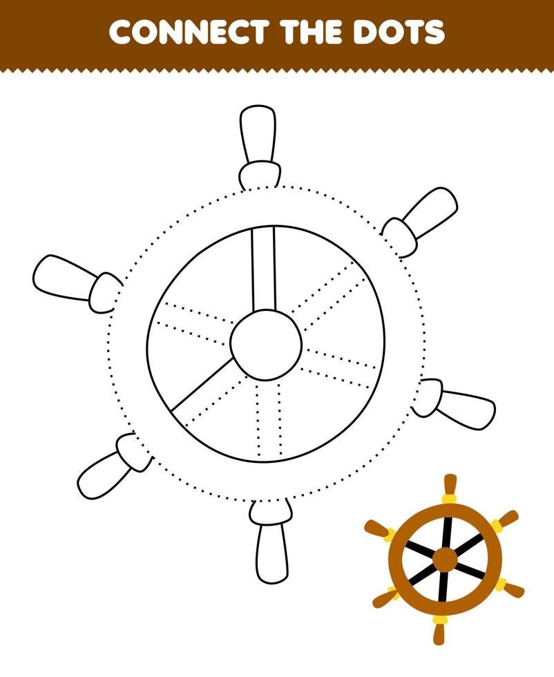 Education game for children connect the dots and coloring practice with cute cartoon wheel printable pirate worksheet vector