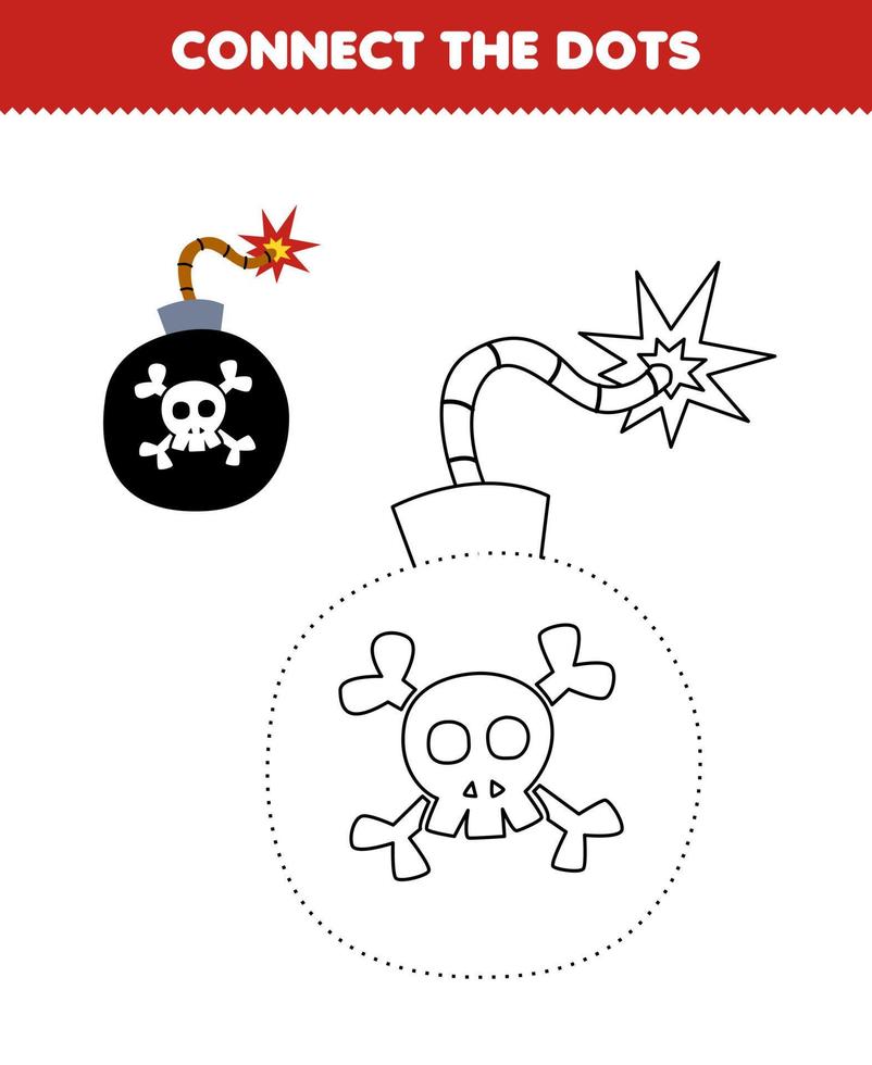 Education game for children connect the dots and coloring practice with cute cartoon bomb printable pirate worksheet vector