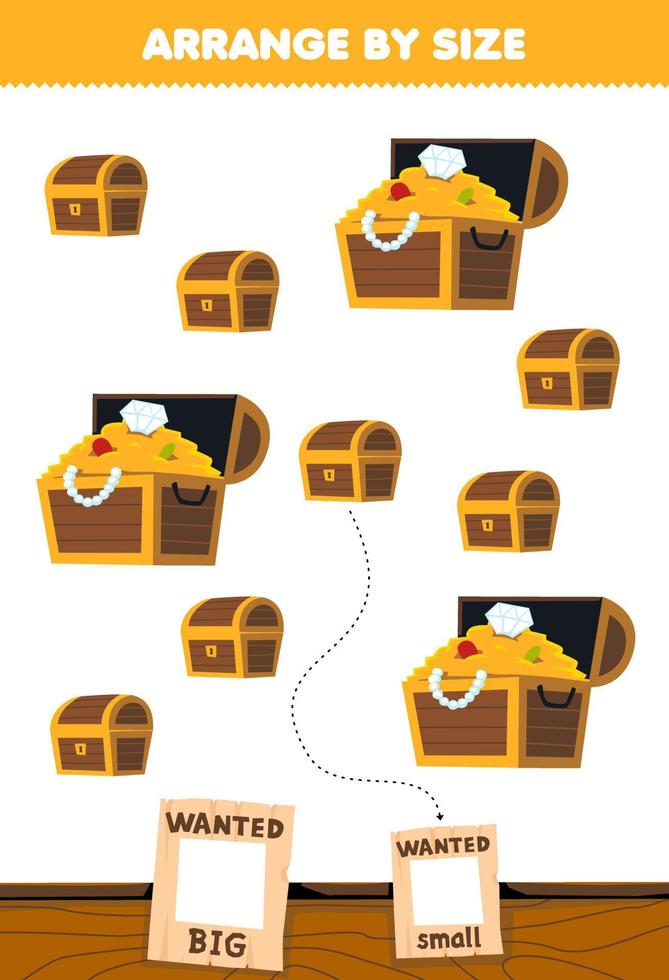 Education game for children arrange by size big or small picture of cute cartoon treasure chest printable pirate worksheet vector